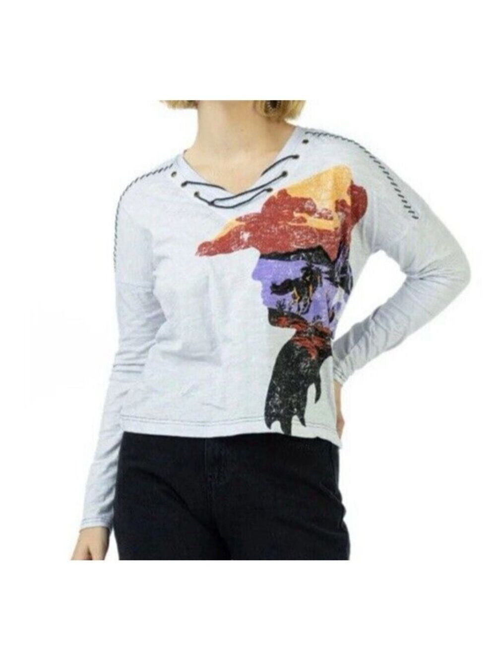 DOUBLE D RANCH sz Large On The Lam Graphic Lace-Up Top 100% cotton shirt v-neck